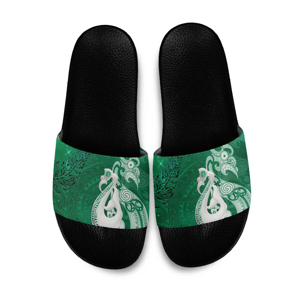 New Zealand Matariki Slide Sandals Maori Manaia Galaxy Silver Fern Green Color