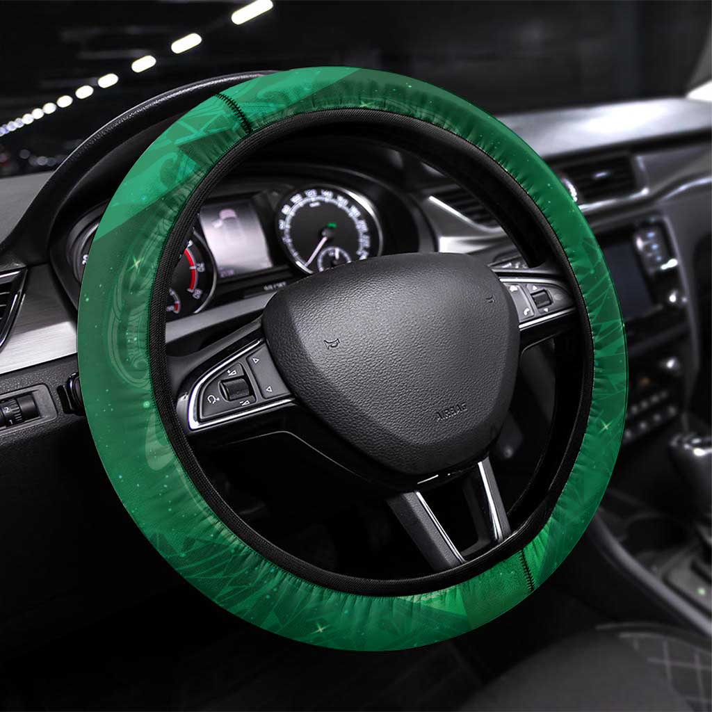 New Zealand Matariki Steering Wheel Cover Maori Manaia Galaxy Silver Fern Green Color LT22 Universal Fit Green - Polynesian Pride