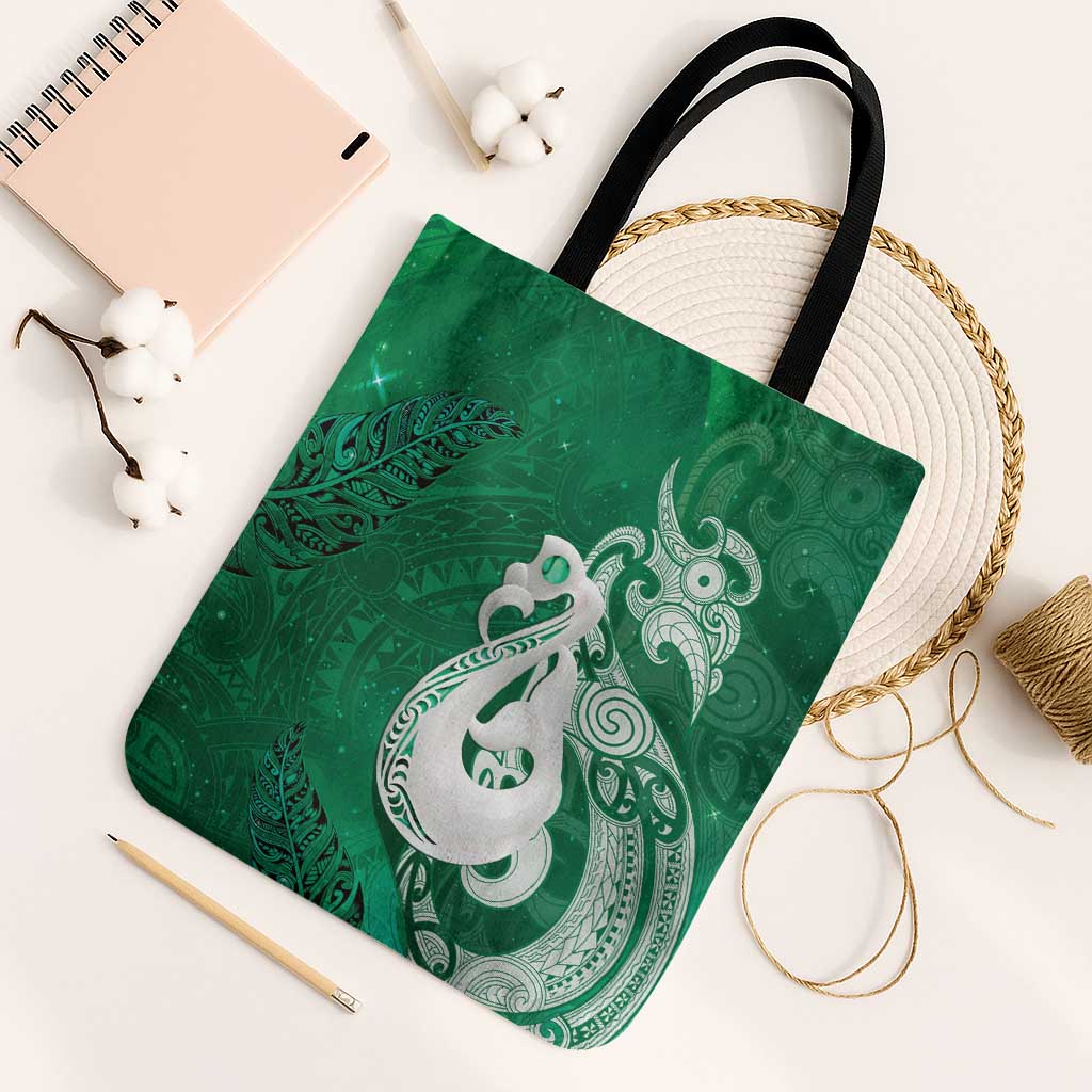 New Zealand Matariki Tote Bag Maori Manaia Galaxy Silver Fern Green Color LT22 Black Strap One Size Green - Polynesian Pride
