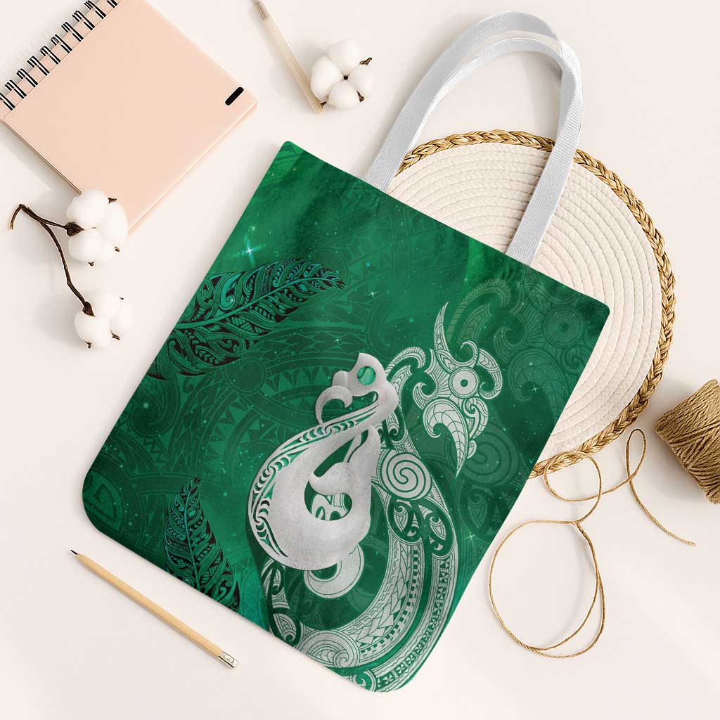 New Zealand Matariki Tote Bag Maori Manaia Galaxy Silver Fern Green Color LT22 White Strap One Size Green - Polynesian Pride
