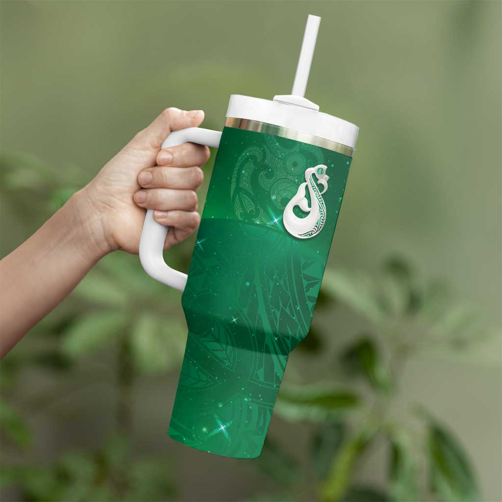 New Zealand Matariki Tumbler With Handle Maori Manaia Galaxy Silver Fern Green Color LT22 - Polynesian Pride