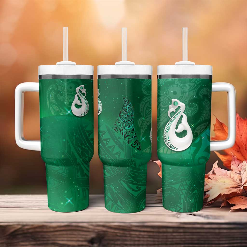 New Zealand Matariki Tumbler With Handle Maori Manaia Galaxy Silver Fern Green Color LT22 - Polynesian Pride
