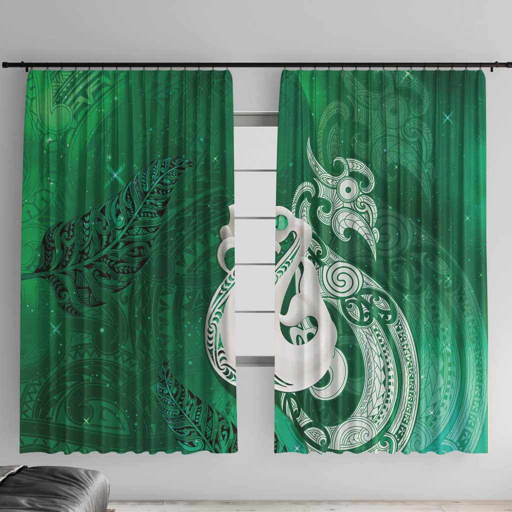 New Zealand Matariki Window Curtain Maori Manaia Galaxy Silver Fern Green Color LT22 With Hooks Green - Polynesian Pride