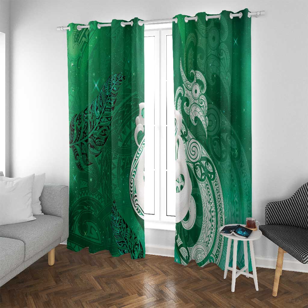 New Zealand Matariki Window Curtain Maori Manaia Galaxy Silver Fern Green Color LT22 With Grommets Green - Polynesian Pride