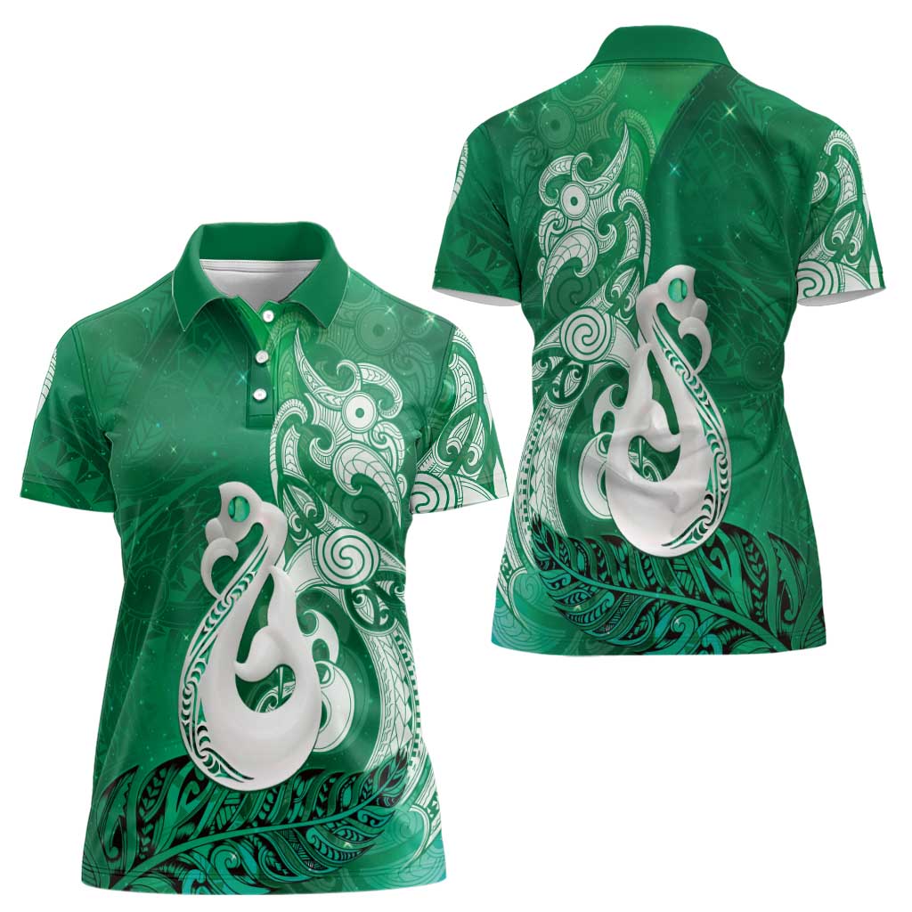 New Zealand Matariki Women Polo Shirt Maori Manaia Galaxy Silver Fern Green Color LT22 - Polynesian Pride