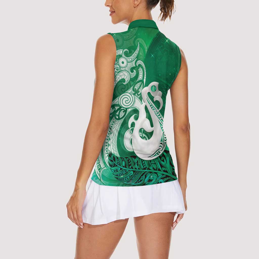 New Zealand Matariki Women Sleeveless Polo Shirt Maori Manaia Galaxy Silver Fern Green Color LT22 - Polynesian Pride