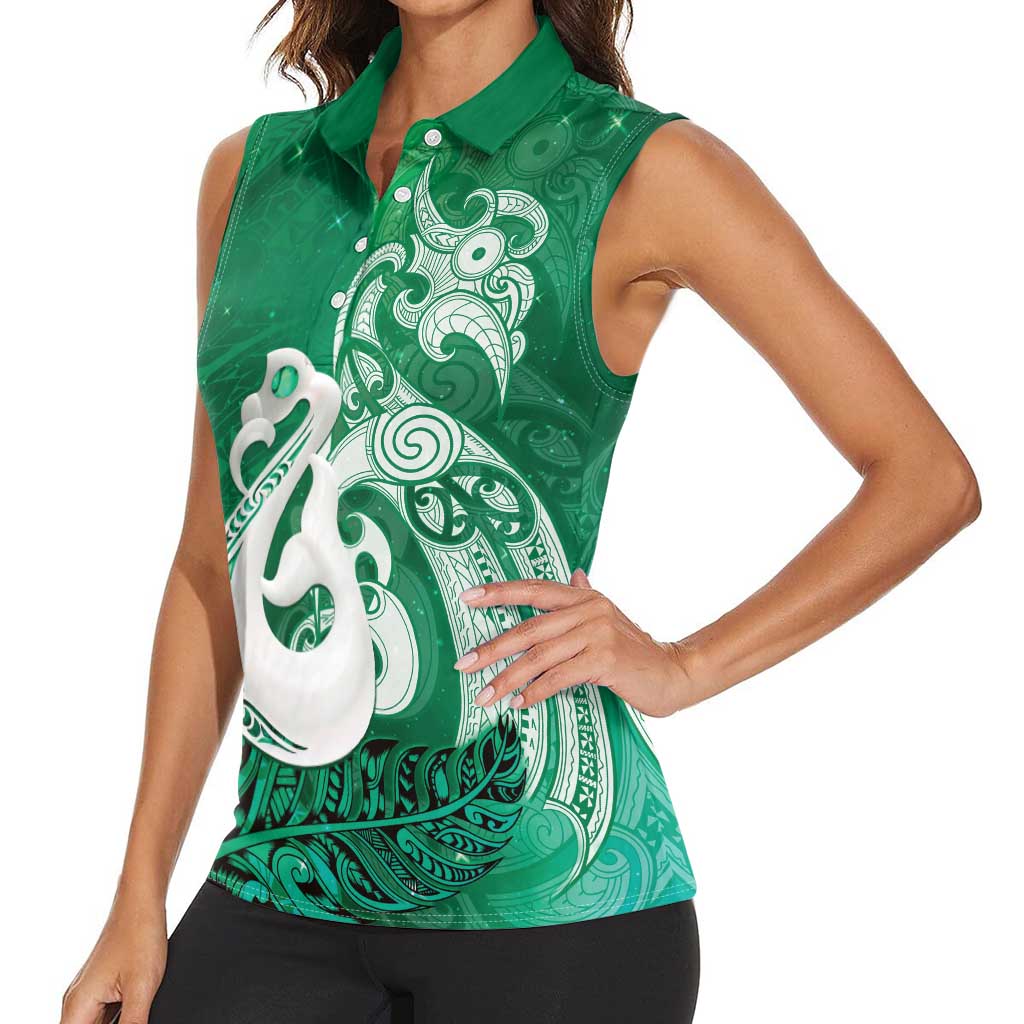 New Zealand Matariki Women Sleeveless Polo Shirt Maori Manaia Galaxy Silver Fern Green Color LT22 - Polynesian Pride
