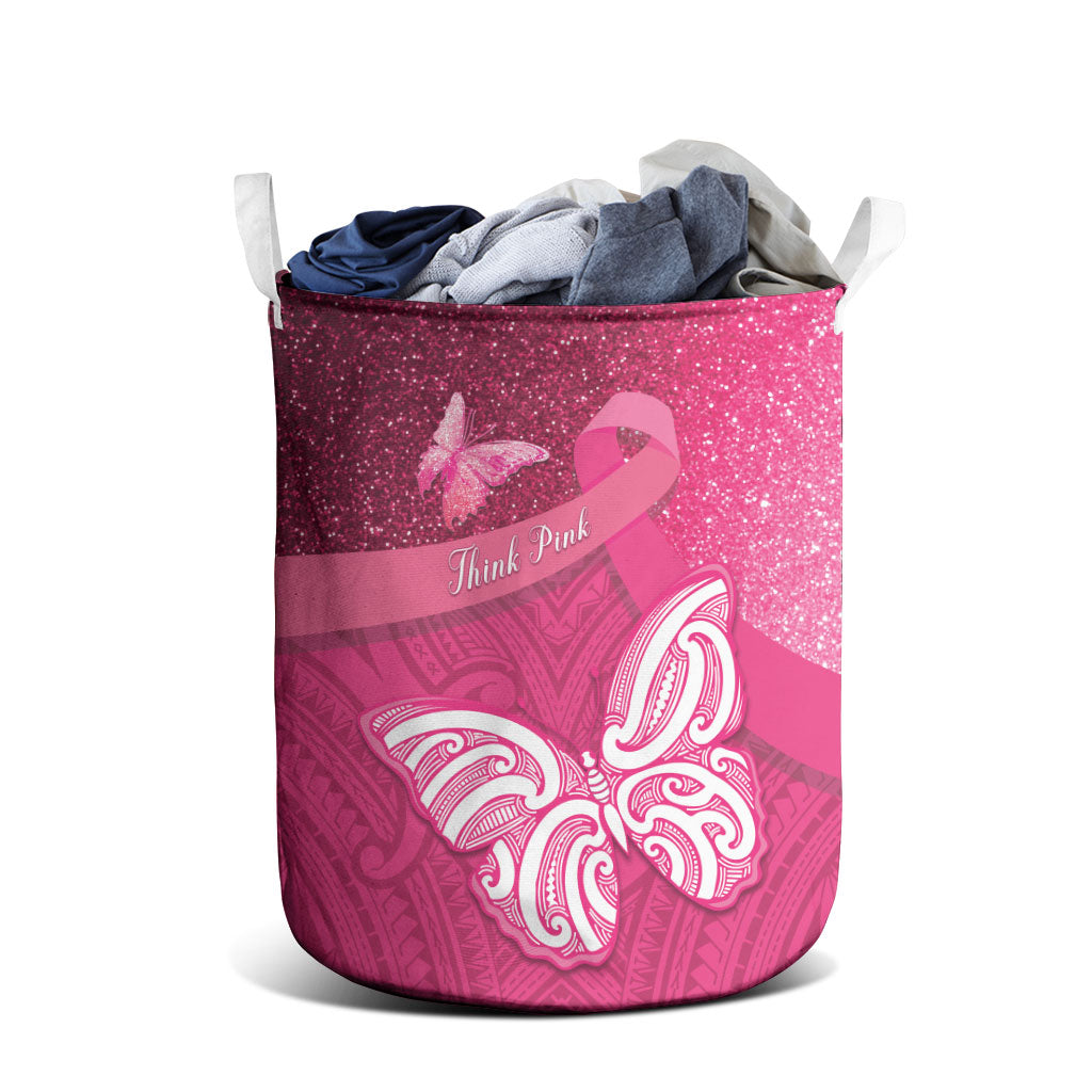 New Zealand Breast Cancer Awareness Laundry Basket Pink Ribbon Butterfly Maori Pattern
