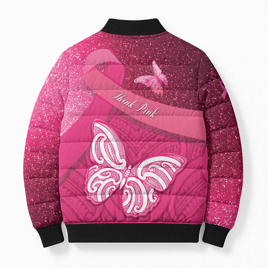 New Zealand Breast Cancer Awareness Bomber Puffer Jacket Pink Ribbon Butterfly Maori Pattern