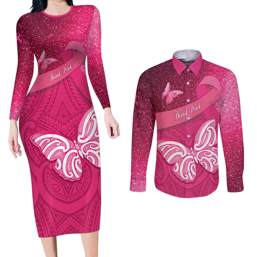 New Zealand Breast Cancer Awareness Couples Matching Long Sleeve Bodycon Dress and Long Sleeve Button Shirt Pink Ribbon Butterfly Maori Pattern LT22 Pink - Polynesian Pride