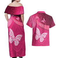 New Zealand Breast Cancer Awareness Couples Matching Off Shoulder Maxi Dress and Hawaiian Shirt Pink Ribbon Butterfly Maori Pattern LT22 - Polynesian Pride