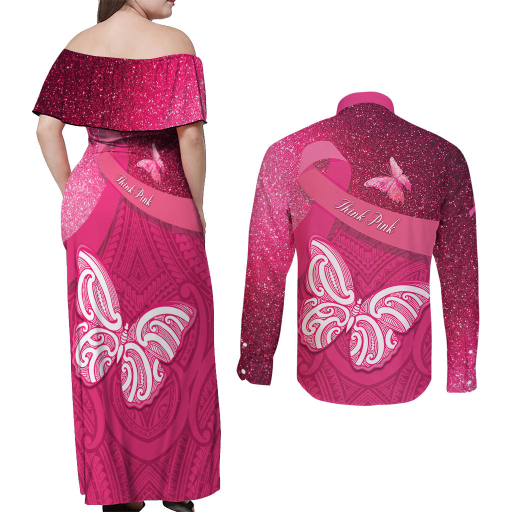 New Zealand Breast Cancer Awareness Couples Matching Off Shoulder Maxi Dress and Long Sleeve Button Shirt Pink Ribbon Butterfly Maori Pattern LT22 - Polynesian Pride