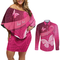 New Zealand Breast Cancer Awareness Couples Matching Off Shoulder Short Dress and Long Sleeve Button Shirt Pink Ribbon Butterfly Maori Pattern LT22 Pink - Polynesian Pride