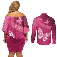 New Zealand Breast Cancer Awareness Couples Matching Off Shoulder Short Dress and Long Sleeve Button Shirt Pink Ribbon Butterfly Maori Pattern LT22 - Polynesian Pride