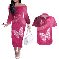 New Zealand Breast Cancer Awareness Couples Matching Off The Shoulder Long Sleeve Dress and Hawaiian Shirt Pink Ribbon Butterfly Maori Pattern LT22 Pink - Polynesian Pride