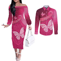 New Zealand Breast Cancer Awareness Couples Matching Off The Shoulder Long Sleeve Dress and Long Sleeve Button Shirt Pink Ribbon Butterfly Maori Pattern LT22 Pink - Polynesian Pride