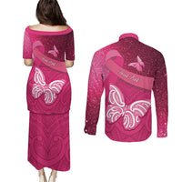 New Zealand Breast Cancer Awareness Couples Matching Puletasi and Long Sleeve Button Shirt Pink Ribbon Butterfly Maori Pattern LT22 - Polynesian Pride