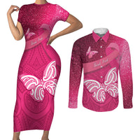 New Zealand Breast Cancer Awareness Couples Matching Short Sleeve Bodycon Dress and Long Sleeve Button Shirt Pink Ribbon Butterfly Maori Pattern LT22 Pink - Polynesian Pride