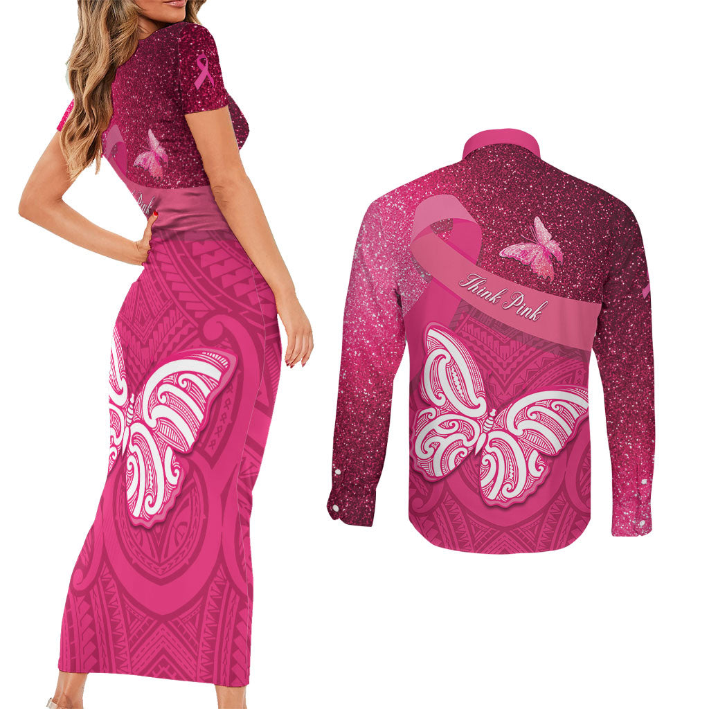 New Zealand Breast Cancer Awareness Couples Matching Short Sleeve Bodycon Dress and Long Sleeve Button Shirt Pink Ribbon Butterfly Maori Pattern LT22 - Polynesian Pride