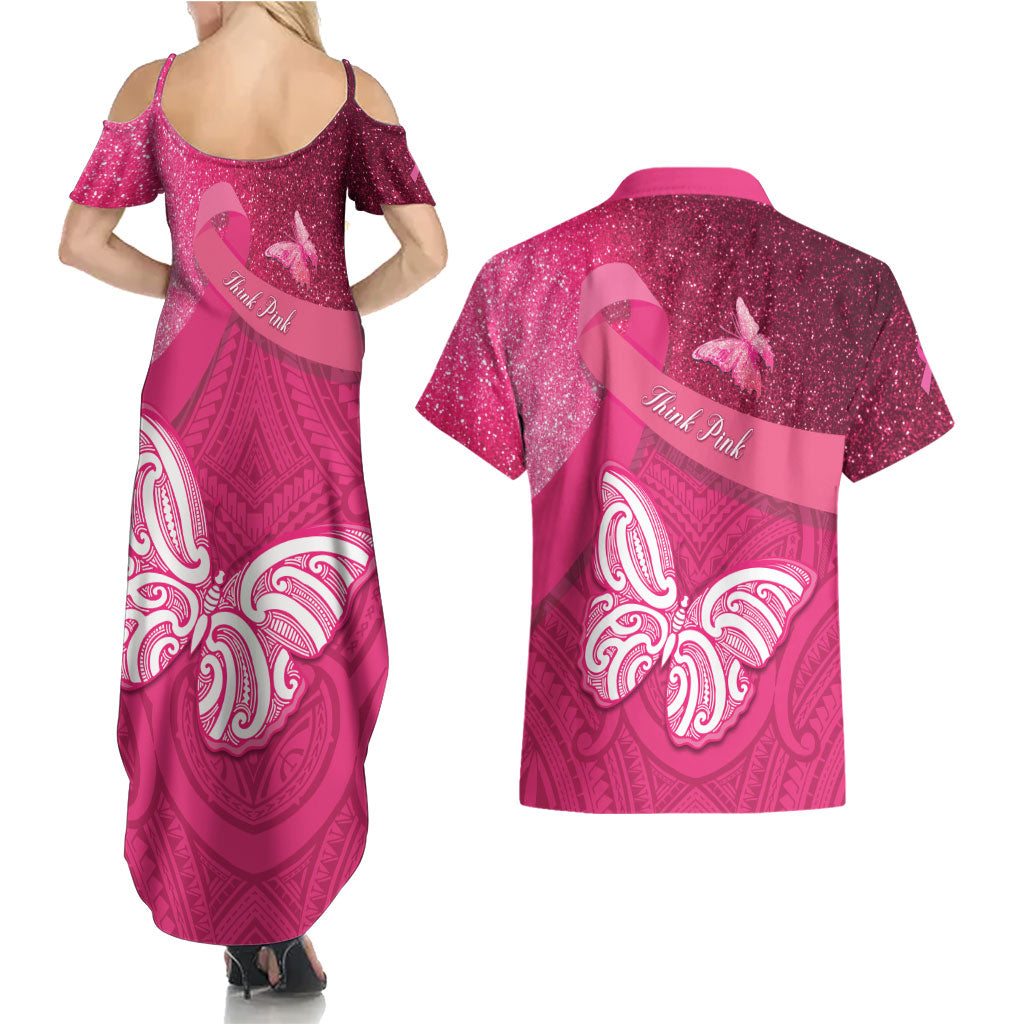 New Zealand Breast Cancer Awareness Couples Matching Summer Maxi Dress and Hawaiian Shirt Pink Ribbon Butterfly Maori Pattern LT22 - Polynesian Pride