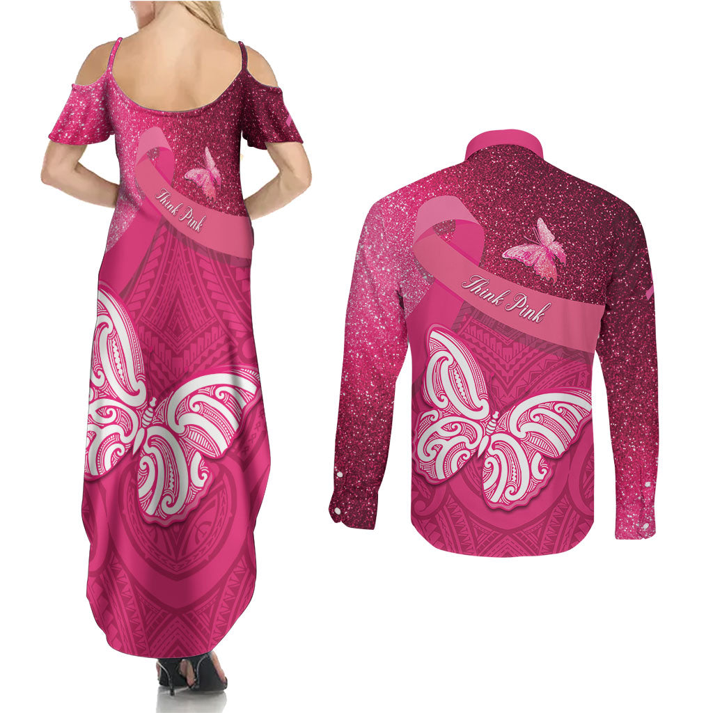 New Zealand Breast Cancer Awareness Couples Matching Summer Maxi Dress and Long Sleeve Button Shirt Pink Ribbon Butterfly Maori Pattern LT22 - Polynesian Pride