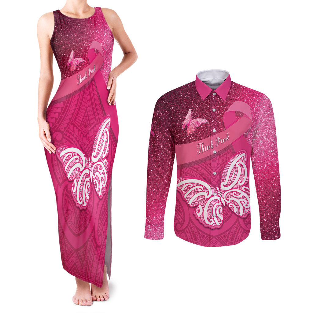 New Zealand Breast Cancer Awareness Couples Matching Tank Maxi Dress and Long Sleeve Button Shirt Pink Ribbon Butterfly Maori Pattern LT22 Pink - Polynesian Pride