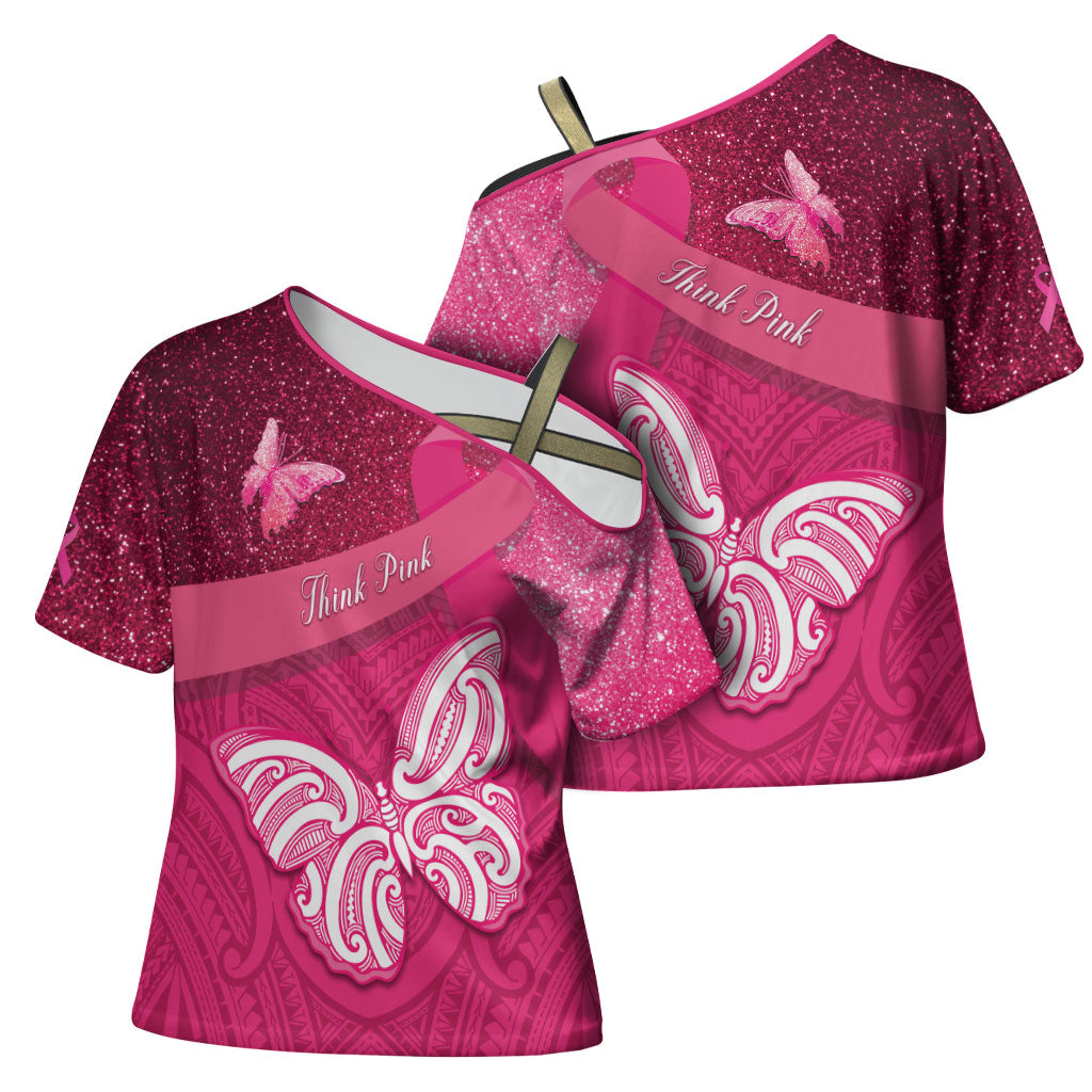 New Zealand Breast Cancer Awareness Cross Shoulder Shirt Pink Ribbon Butterfly Maori Pattern LT22 - Polynesian Pride