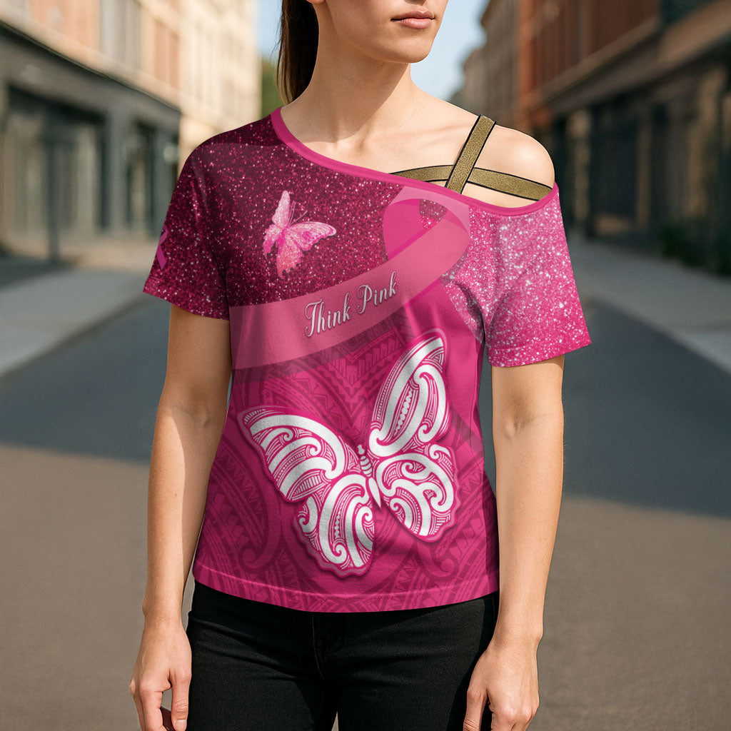 New Zealand Breast Cancer Awareness Cross Shoulder Shirt Pink Ribbon Butterfly Maori Pattern LT22 - Polynesian Pride