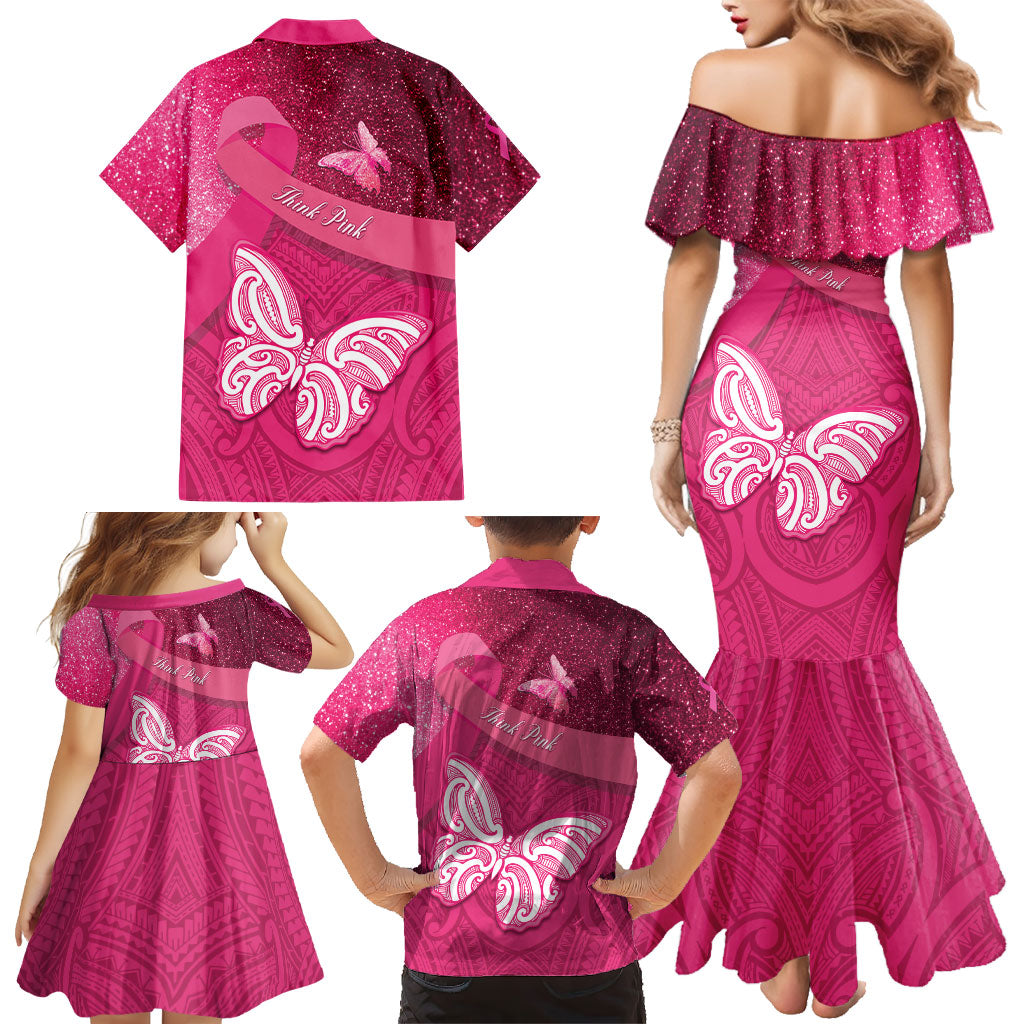 New Zealand Breast Cancer Awareness Family Matching Mermaid Dress and Hawaiian Shirt Pink Ribbon Butterfly Maori Pattern LT22 - Polynesian Pride