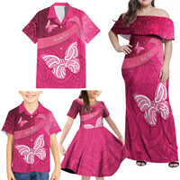 New Zealand Breast Cancer Awareness Family Matching Off Shoulder Maxi Dress and Hawaiian Shirt Pink Ribbon Butterfly Maori Pattern LT22 - Polynesian Pride