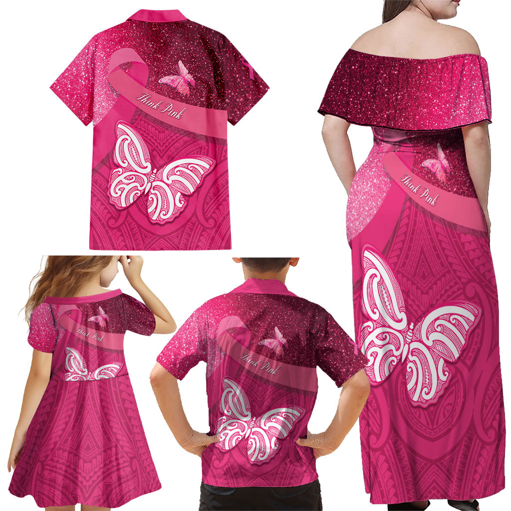 New Zealand Breast Cancer Awareness Family Matching Off Shoulder Maxi Dress and Hawaiian Shirt Pink Ribbon Butterfly Maori Pattern LT22 - Polynesian Pride