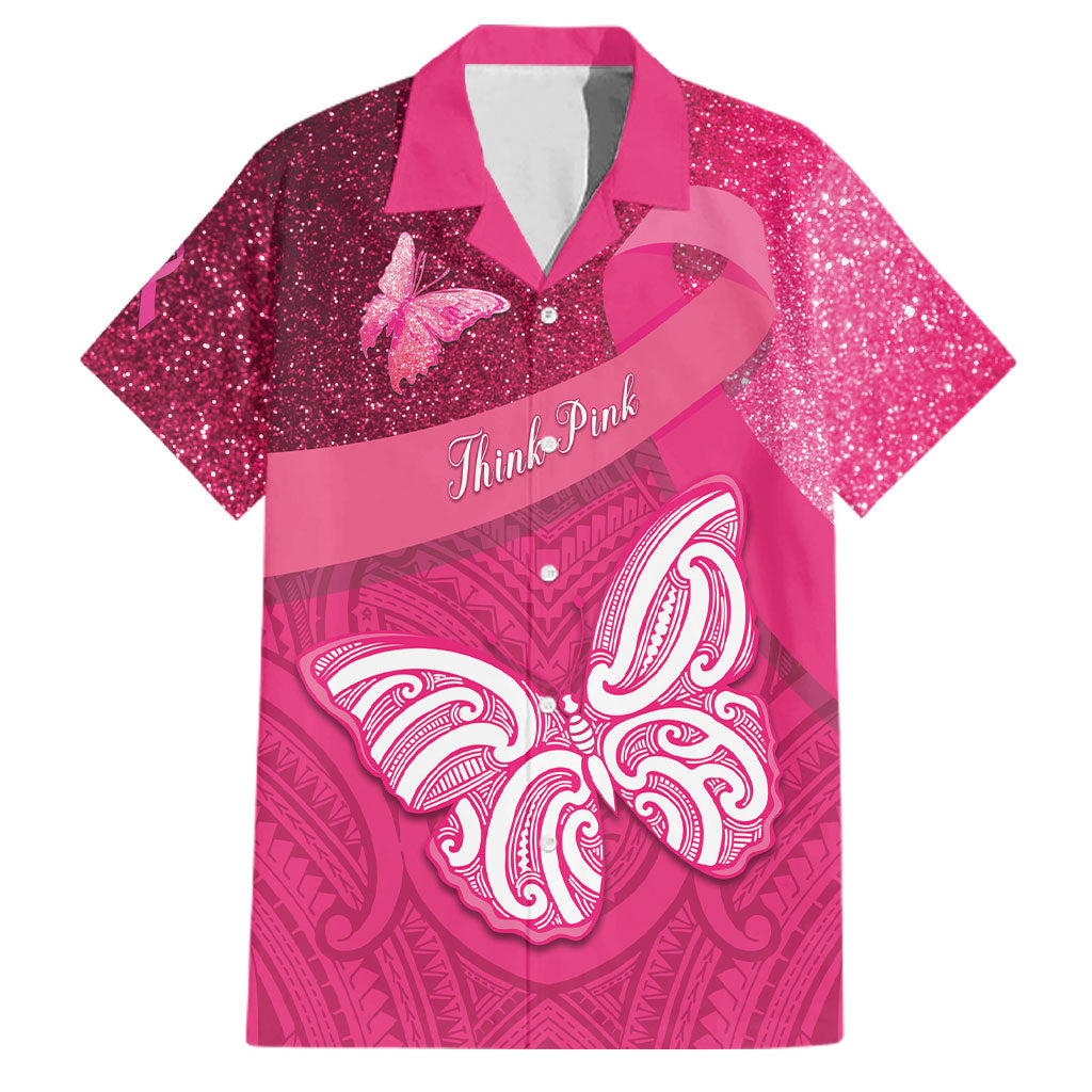 New Zealand Breast Cancer Awareness Family Matching Off Shoulder Maxi Dress and Hawaiian Shirt Pink Ribbon Butterfly Maori Pattern LT22 Dad's Shirt - Short Sleeve Pink - Polynesian Pride