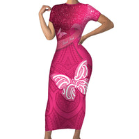 New Zealand Breast Cancer Awareness Family Matching Short Sleeve Bodycon Dress and Hawaiian Shirt Pink Ribbon Butterfly Maori Pattern LT22 Mom's Dress Pink - Polynesian Pride