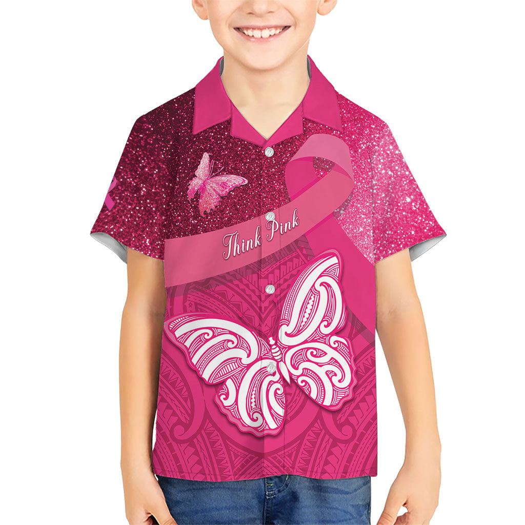 New Zealand Breast Cancer Awareness Family Matching Short Sleeve Bodycon Dress and Hawaiian Shirt Pink Ribbon Butterfly Maori Pattern LT22 Son's Shirt Pink - Polynesian Pride