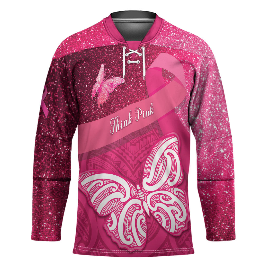 New Zealand Breast Cancer Awareness Hockey Jersey Pink Ribbon Butterfly Maori Pattern LT22 Unisex Pink - Polynesian Pride