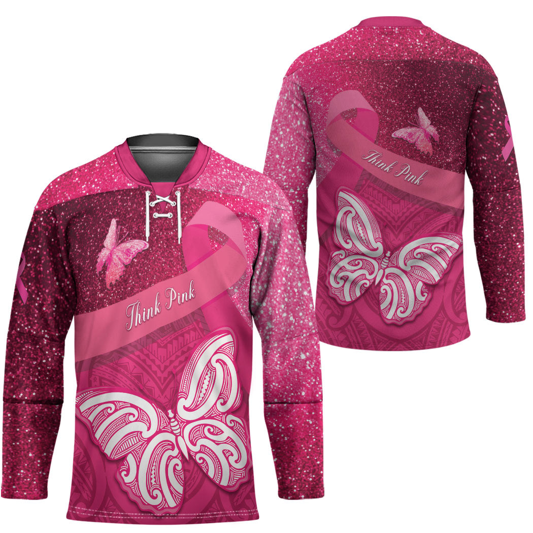 New Zealand Breast Cancer Awareness Hockey Jersey Pink Ribbon Butterfly Maori Pattern LT22 - Polynesian Pride