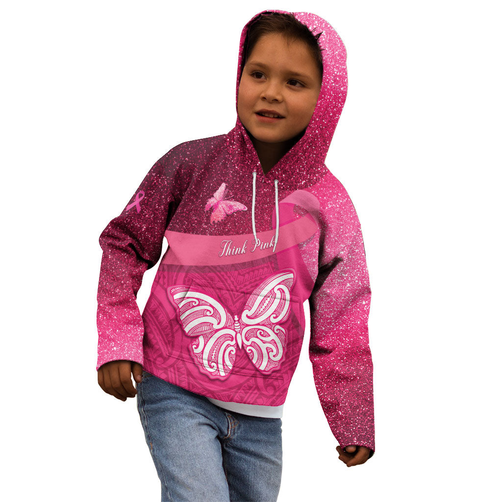 New Zealand Breast Cancer Awareness Kid Hoodie Pink Ribbon Butterfly Maori Pattern LT22 - Polynesian Pride