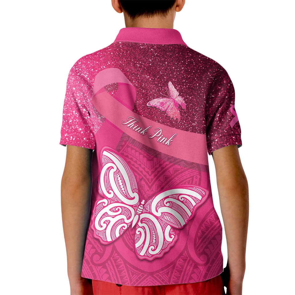 New Zealand Breast Cancer Awareness Kid Polo Shirt Pink Ribbon Butterfly Maori Pattern LT22 - Polynesian Pride