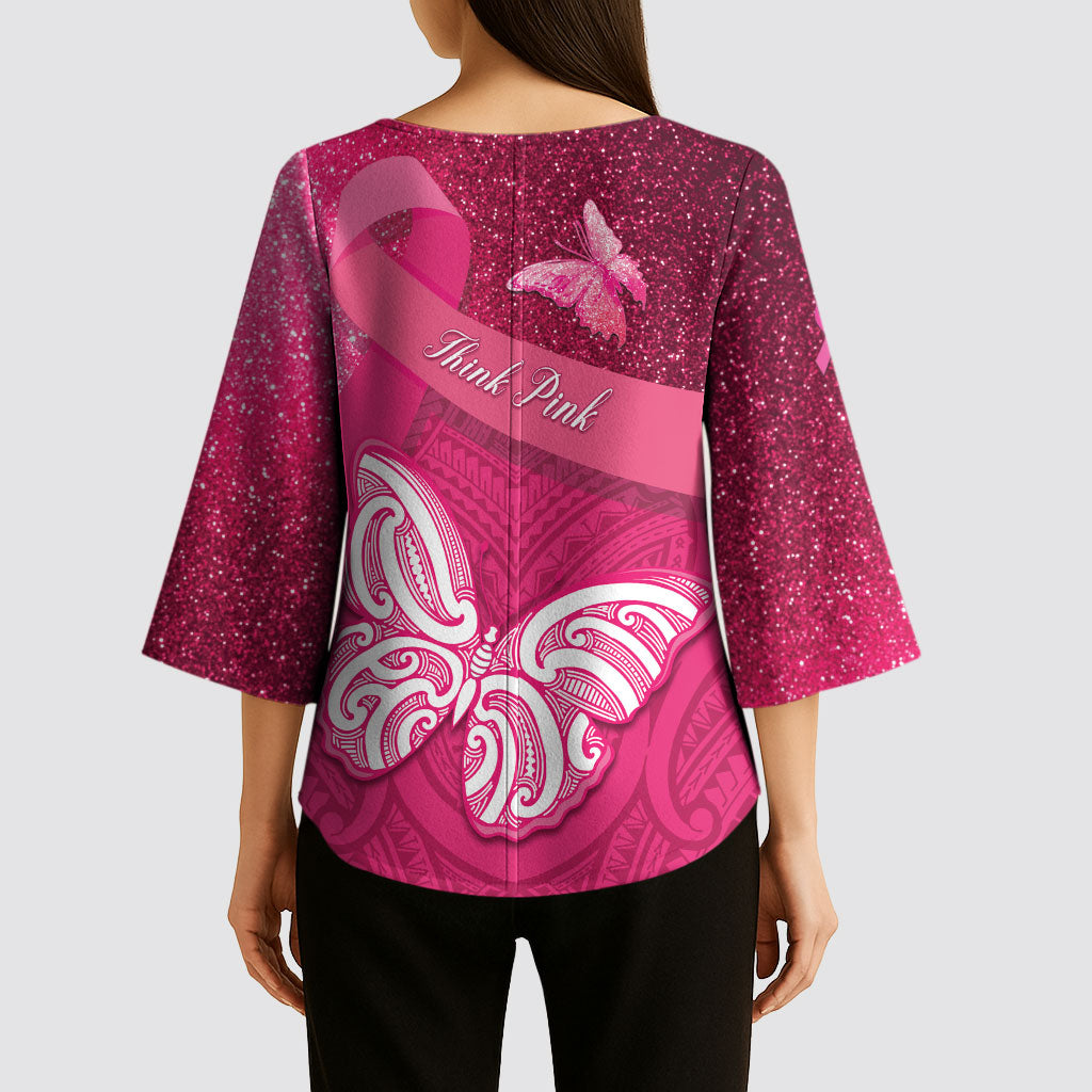 New Zealand Breast Cancer Awareness Kimono Sleeve Blouse Pink Ribbon Butterfly Maori Pattern LT22 - Polynesian Pride