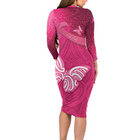 New Zealand Breast Cancer Awareness Long Sleeve Bodycon Dress Pink Ribbon Butterfly Maori Pattern LT22 - Polynesian Pride