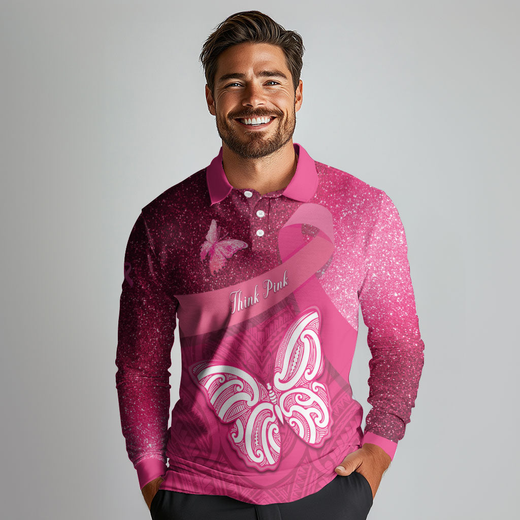 New Zealand Breast Cancer Awareness Long Sleeve Polo Shirt Pink Ribbon Butterfly Maori Pattern LT22 - Polynesian Pride