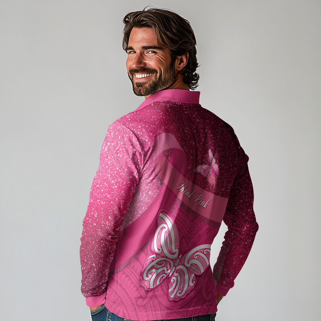New Zealand Breast Cancer Awareness Long Sleeve Polo Shirt Pink Ribbon Butterfly Maori Pattern LT22 - Polynesian Pride