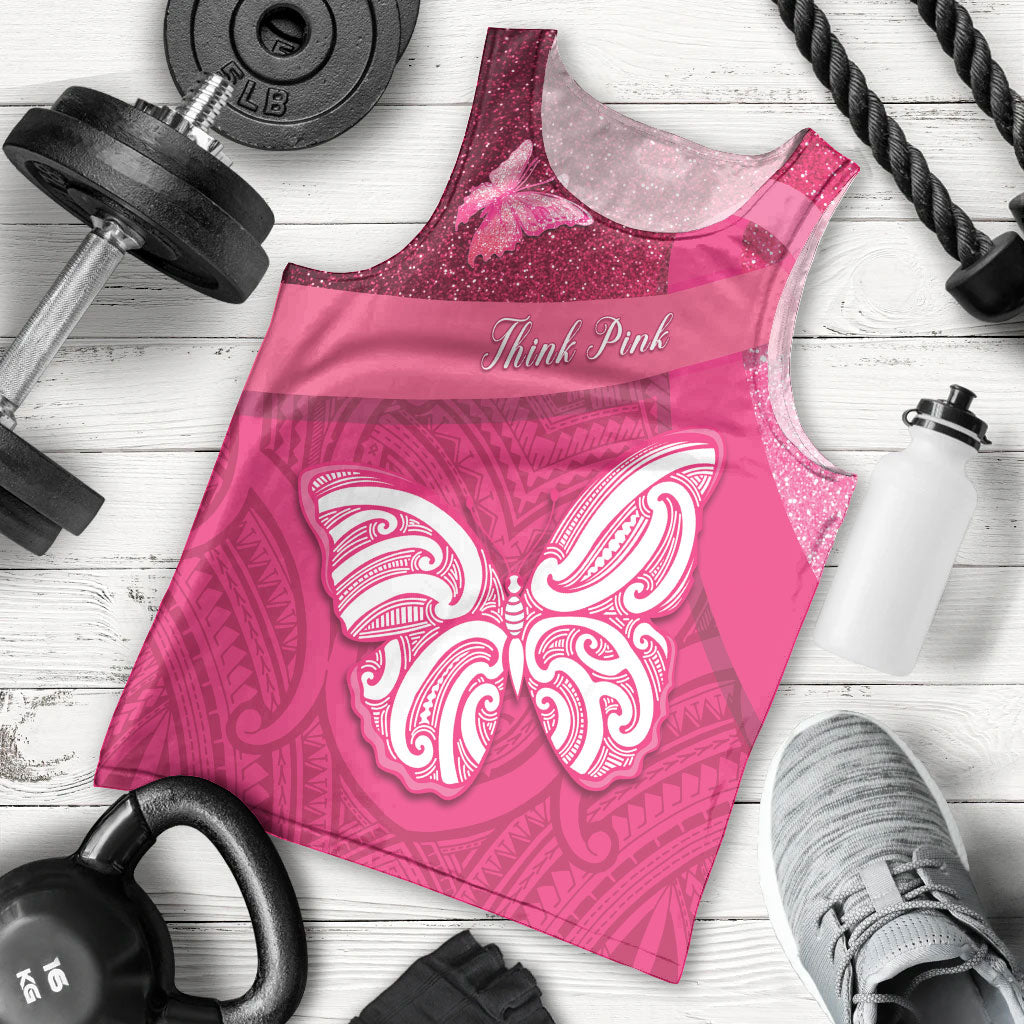 New Zealand Breast Cancer Awareness Men Tank Top Pink Ribbon Butterfly Maori Pattern LT22 - Polynesian Pride