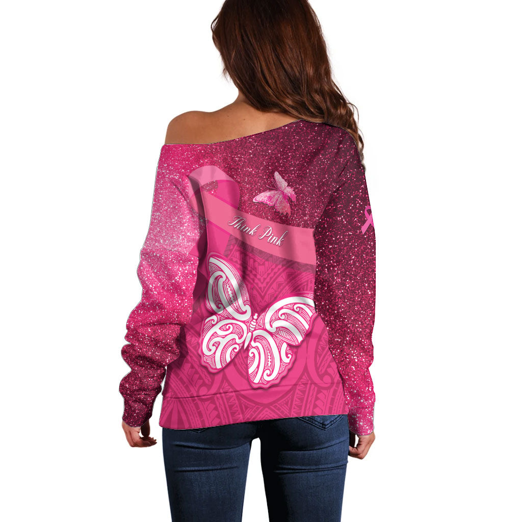 New Zealand Breast Cancer Awareness Off Shoulder Sweater Pink Ribbon Butterfly Maori Pattern