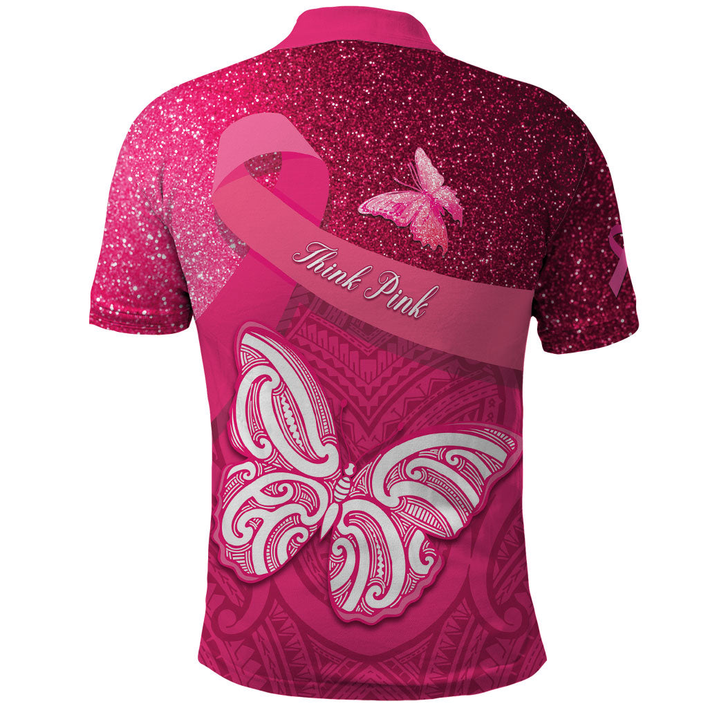 New Zealand Breast Cancer Awareness Polo Shirt Pink Ribbon Butterfly Maori Pattern LT22 - Polynesian Pride