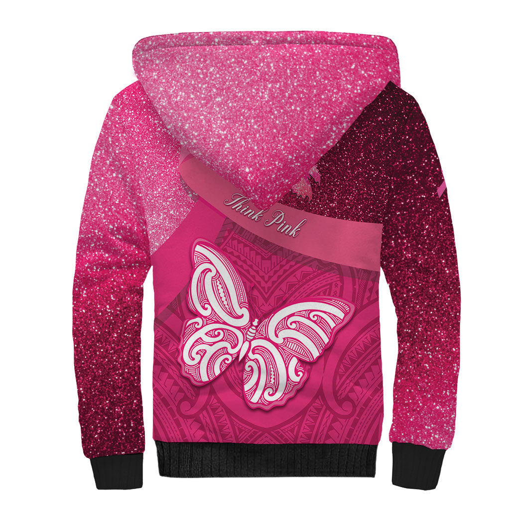 New Zealand Breast Cancer Awareness Sherpa Hoodie Pink Ribbon Butterfly Maori Pattern LT22 - Polynesian Pride