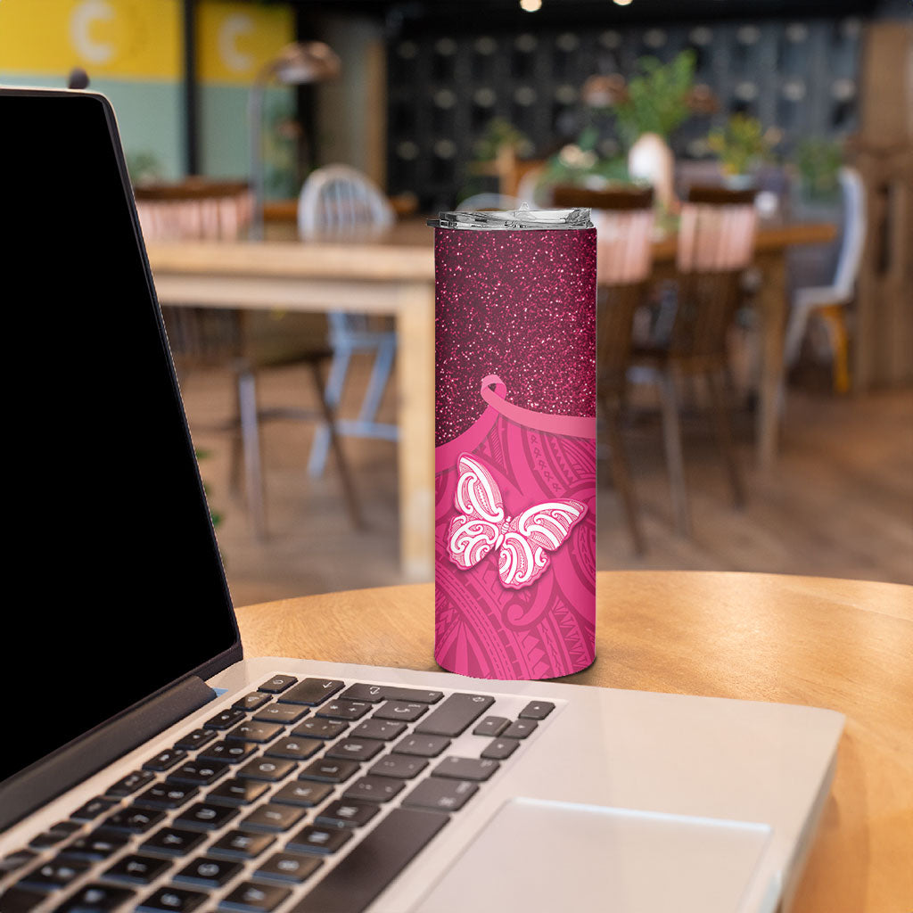 New Zealand Breast Cancer Awareness Skinny Tumbler Pink Ribbon Butterfly Maori Pattern LT22 - Polynesian Pride
