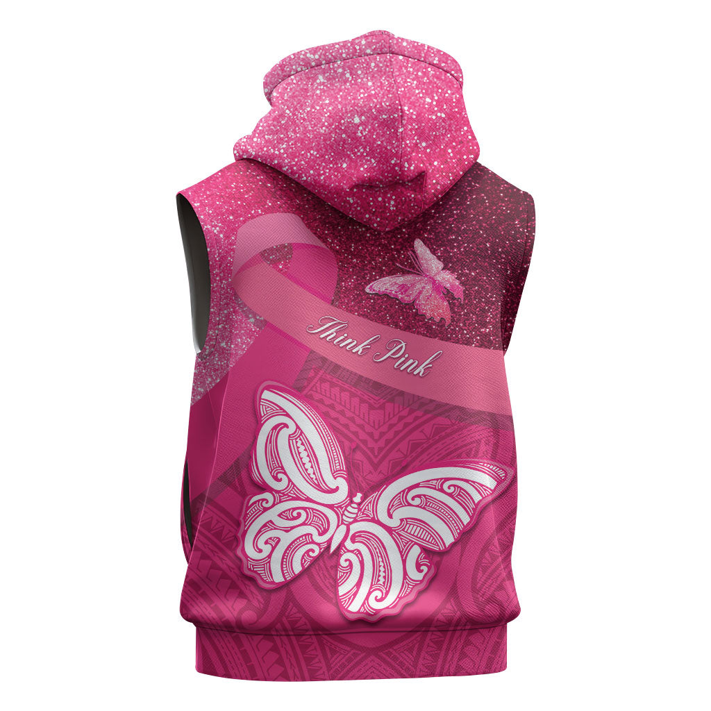 New Zealand Breast Cancer Awareness Sleeveless Hoodie Pink Ribbon Butterfly Maori Pattern LT22 - Polynesian Pride