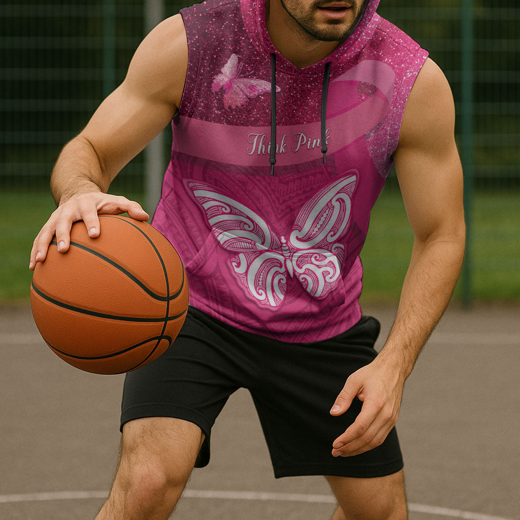 New Zealand Breast Cancer Awareness Sleeveless Hoodie Pink Ribbon Butterfly Maori Pattern LT22 - Polynesian Pride