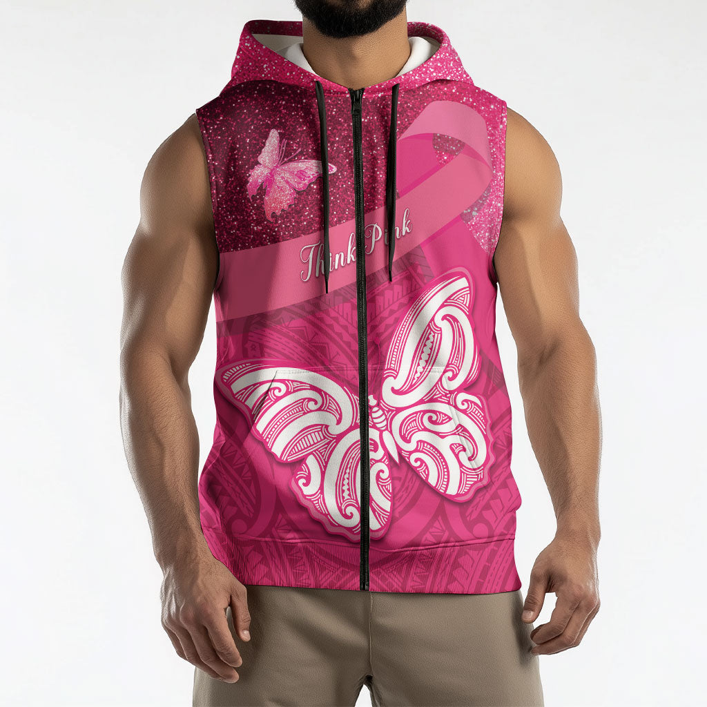 New Zealand Breast Cancer Awareness Sleeveless Zip Hoodie Pink Ribbon Butterfly Maori Pattern LT22 - Polynesian Pride